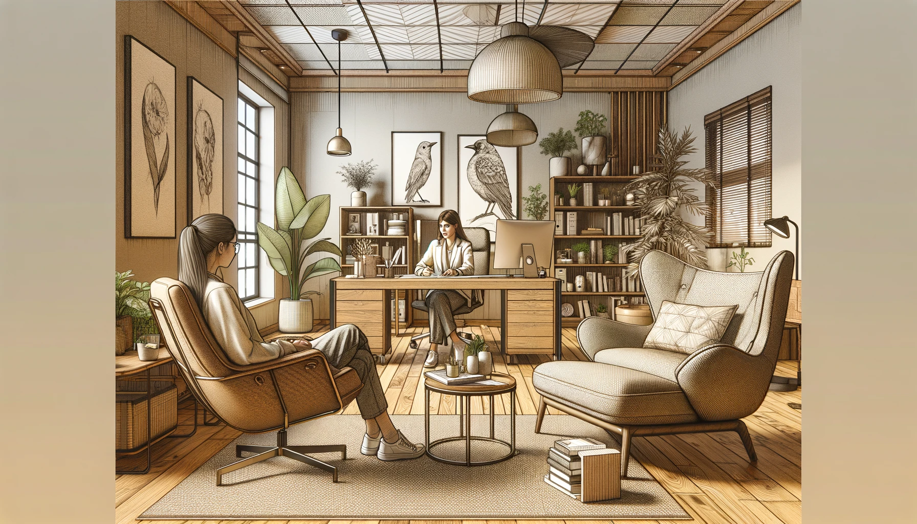DALL·E 2024-03-25 08.24.50 - Reimagine the psychologist's office with a focus on a female therapist providing therapy to millennial clients, depicted in a pencil sketch style with