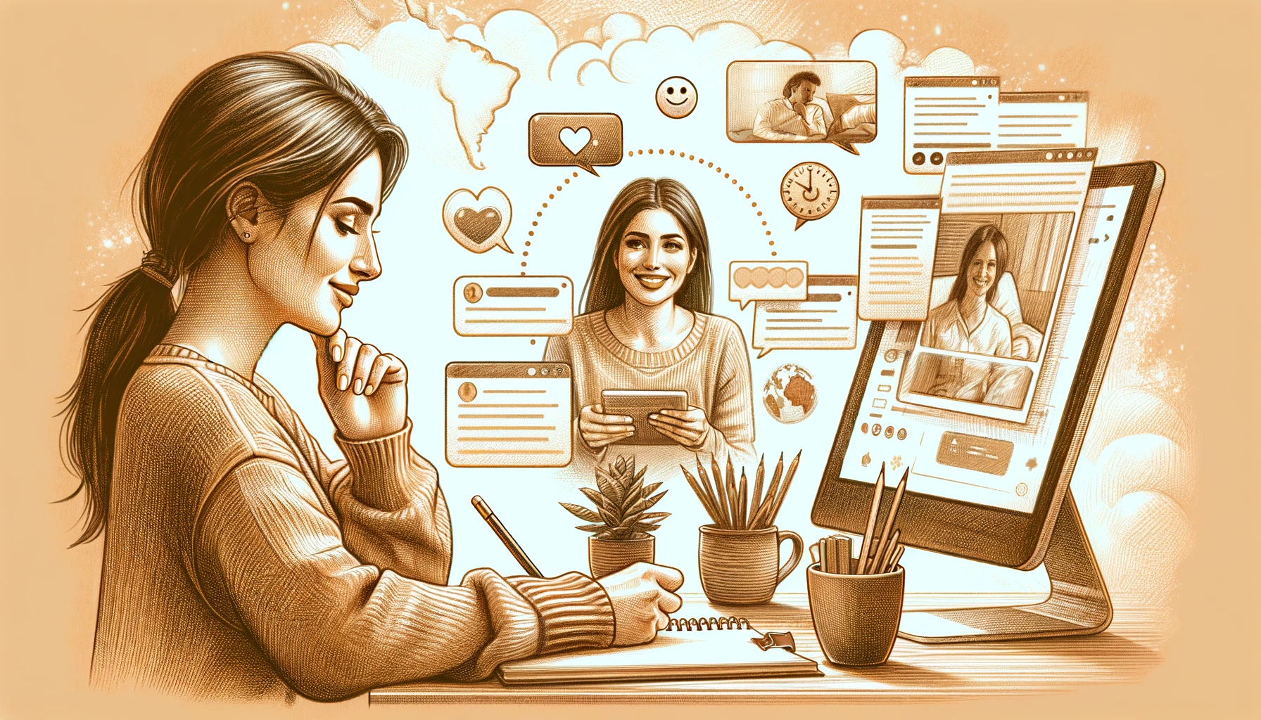 DALL·E 2024-03-25 08.34.30 - Create two additional images in pencil sketch style with earth tones, showcasing a female therapist communicating her mission to provide an accessible