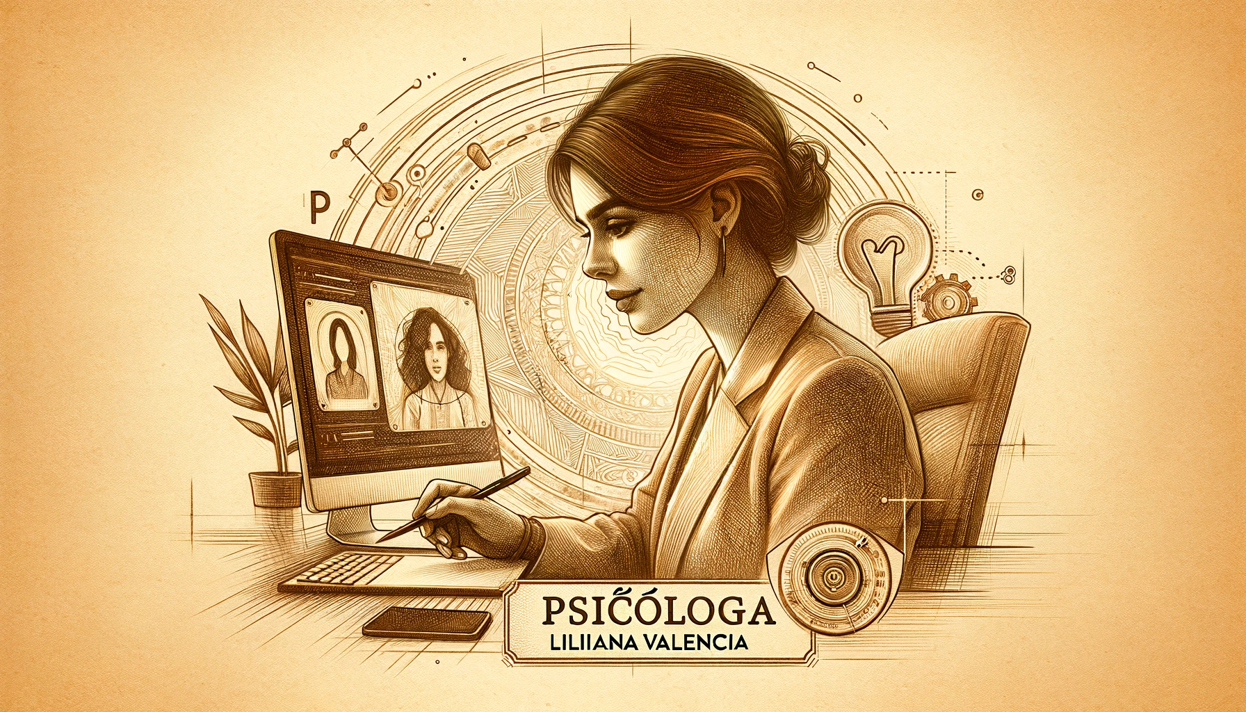 DALL·E 2024-03-25 08.36.11 - Generate two more images in pencil sketch style with earth tones, this time incorporating the text 'Psicóloga Liliana Valencia' to highlight the thera